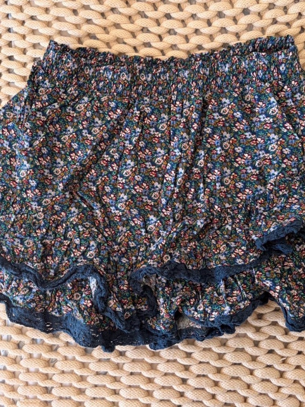 Altar'd State Navy Floral Mini Skirt with Lace Trim